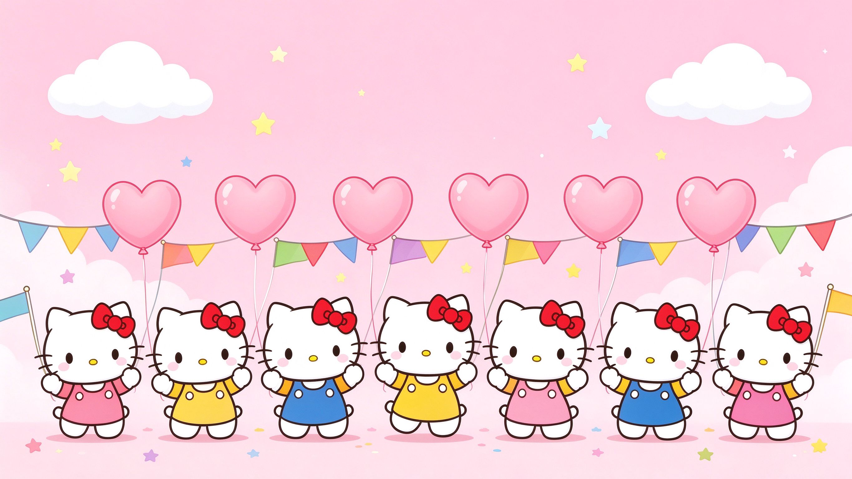 一排 Hello Kitty 举着爱心气球和彩旗