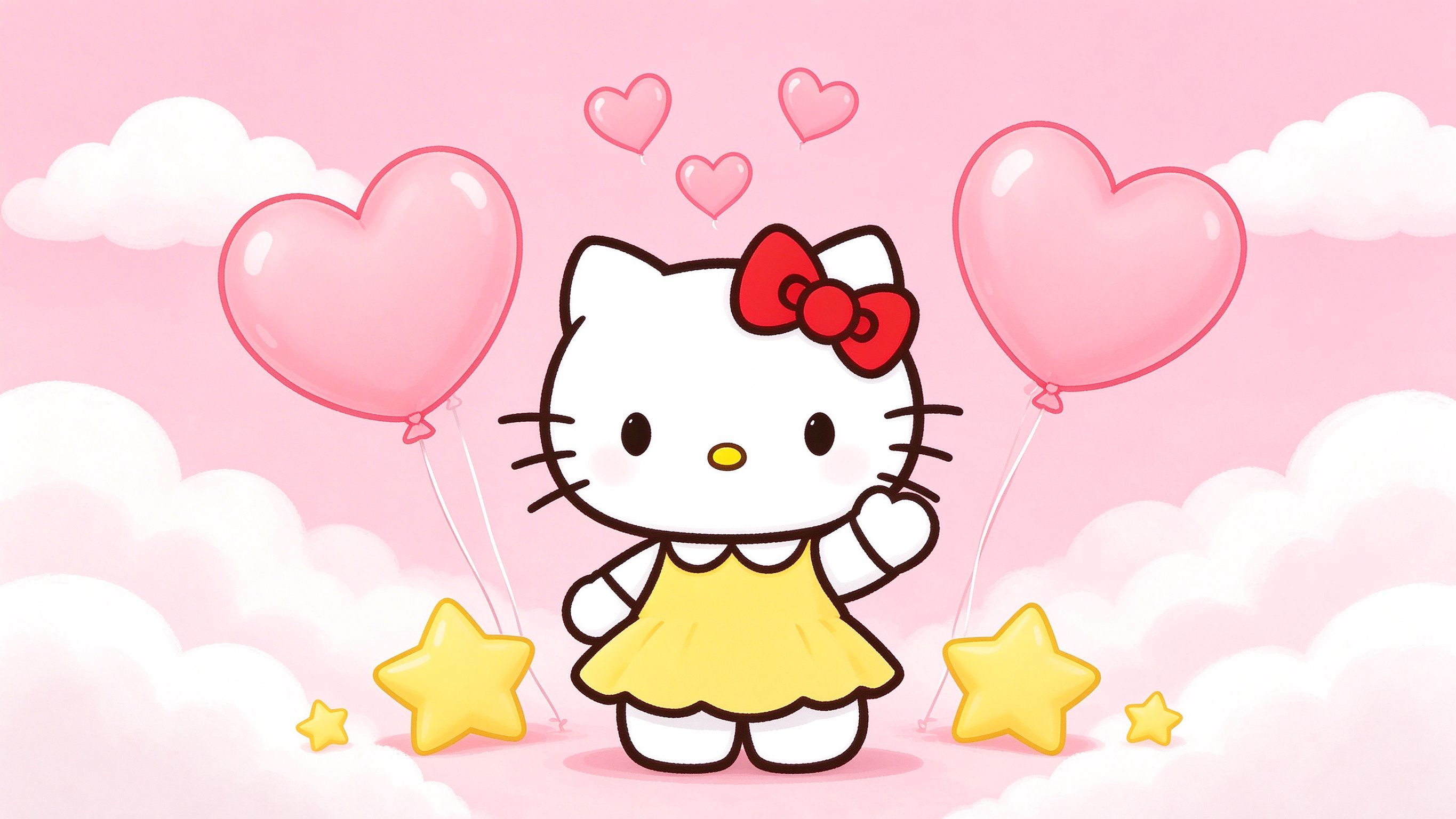 Hello Kitty 站在爱心气球和星星中间，挥手说晚安