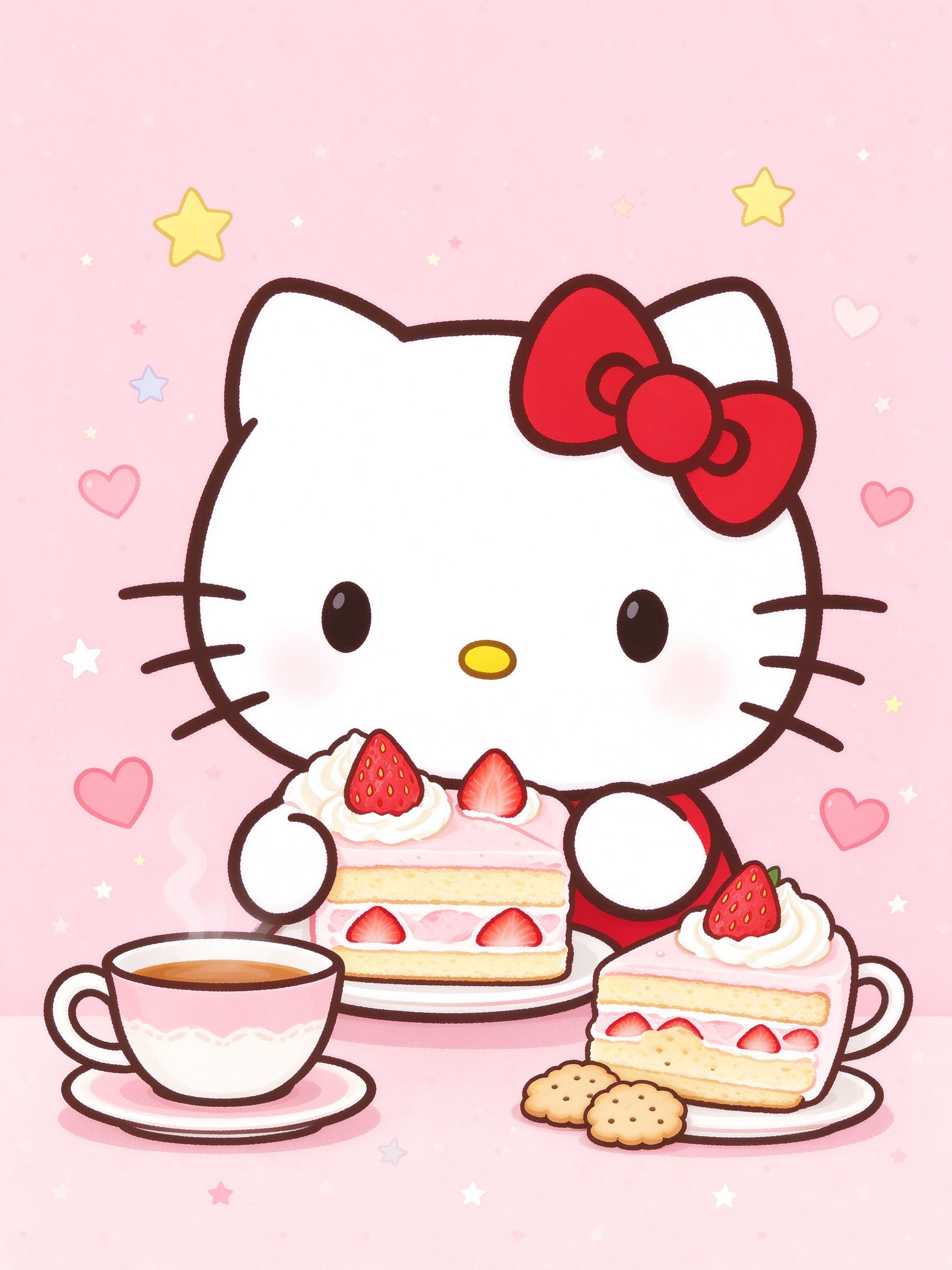 Hello Kitty 开心地托着一块草莓蛋糕