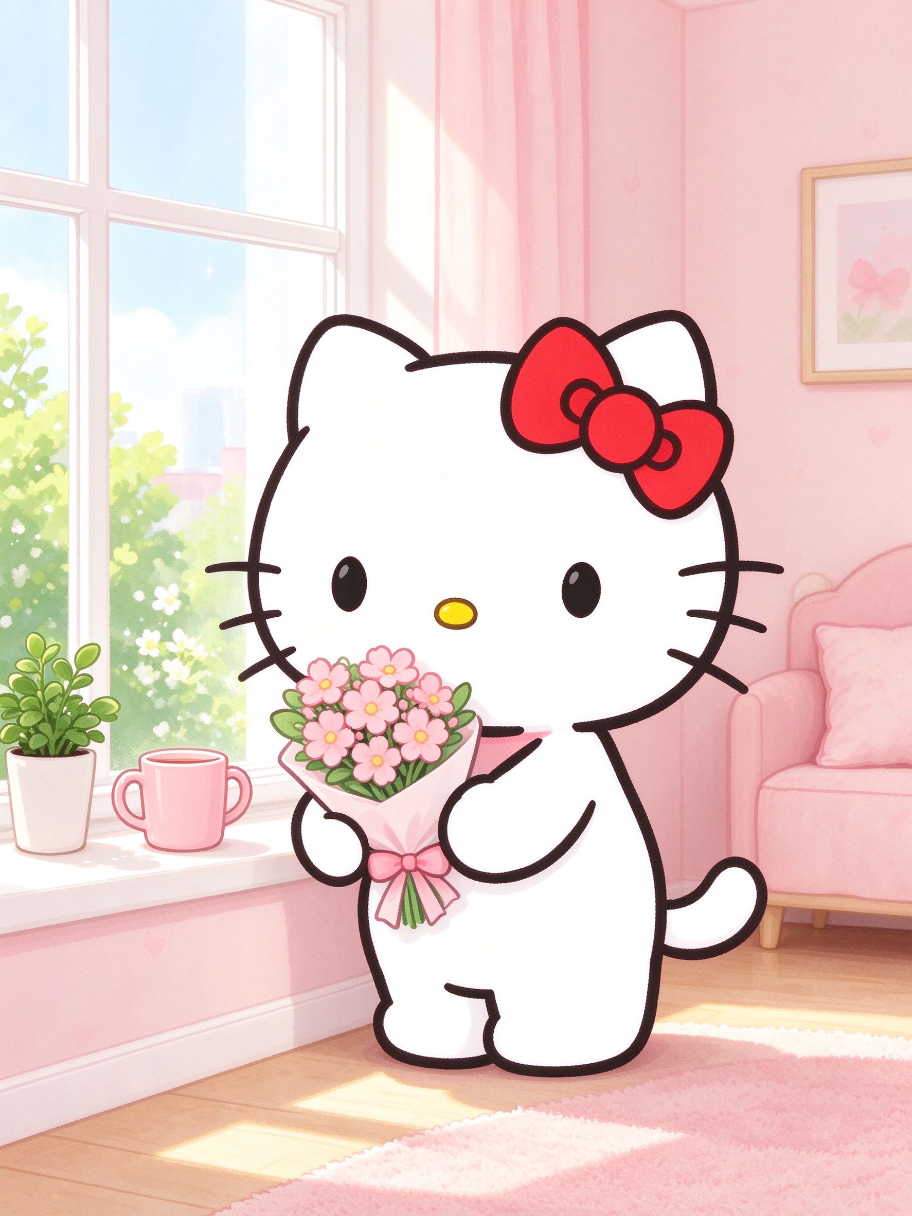 Hello Kitty 捧着一束粉色小花，站在洒满阳光的窗台边