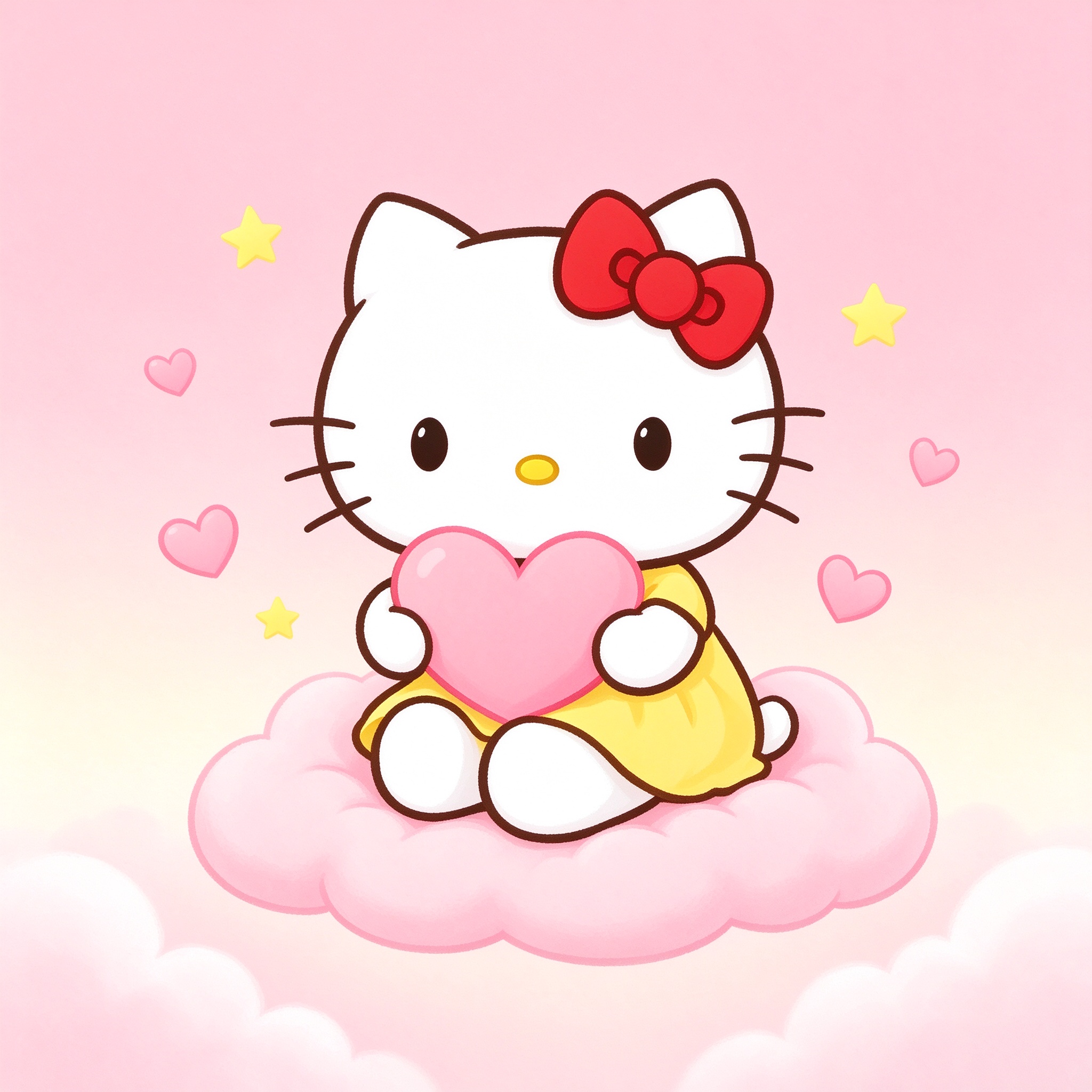 抱着爱心、戴着红色蝴蝶结的 Hello Kitty 插画