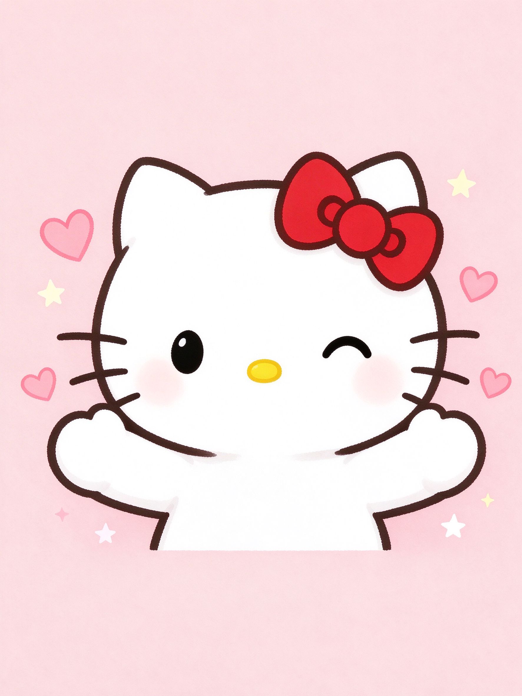 Hello Kitty 眨着眼睛、双手捧着脸，想要一个大大的抱抱